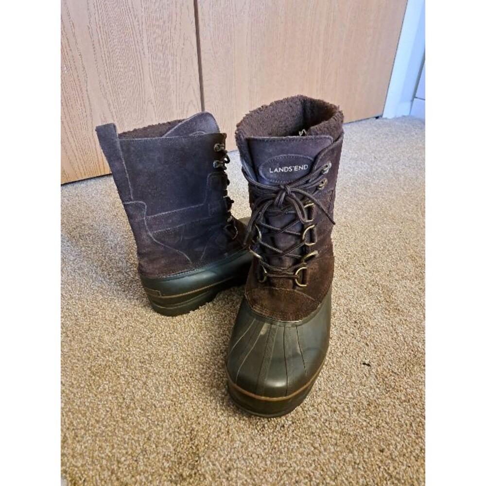 Lands' End Men's brown tall winter duck boots US 8 lace up warm steel boot